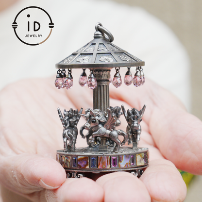 Unique Carousel Figurine in 925 Silver, with Abalone & Pink Crystal, Oxidized, Fairytale Decor, Handmade, Collectible Gift Idea