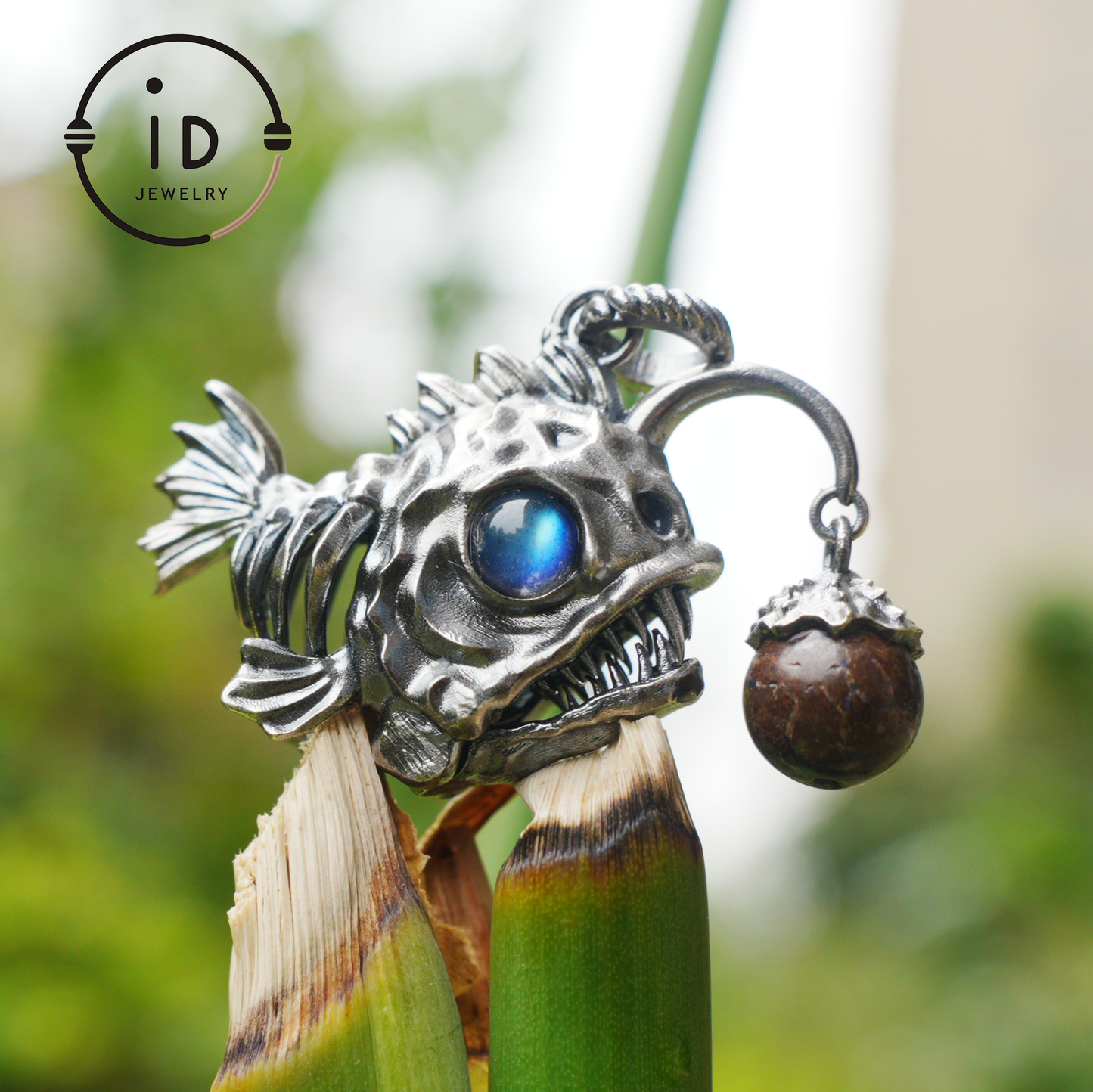 925 Sterling Silver Anglerfish Pendant with Labradorite – Handmade Artistic Jewelry for Ocean Lovers