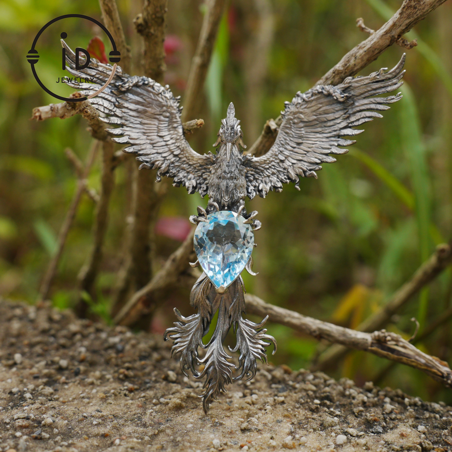 Handgefertigte Phönix-Halskette mit Aquamarin | Mystisches Symbol | Vintage Fantasy Schmuck 