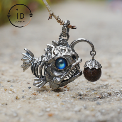 925 Sterling Silver Anglerfish Pendant with Labradorite – Handmade Artistic Jewelry for Ocean Lovers