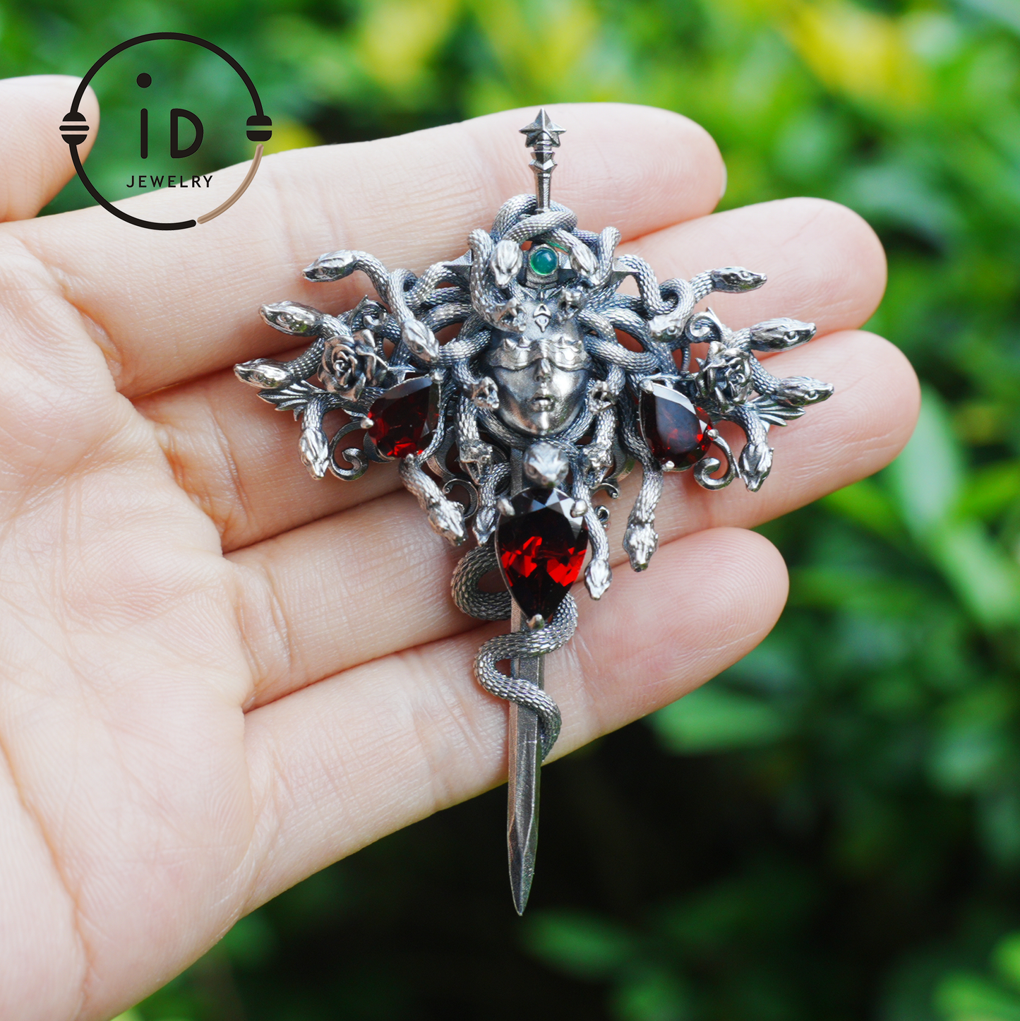 Handmade Gothic Pendant with Snake Head, Garnet & Green Chrysoprase, Oxidized 925 Silver, Vintage Style Gift for Her