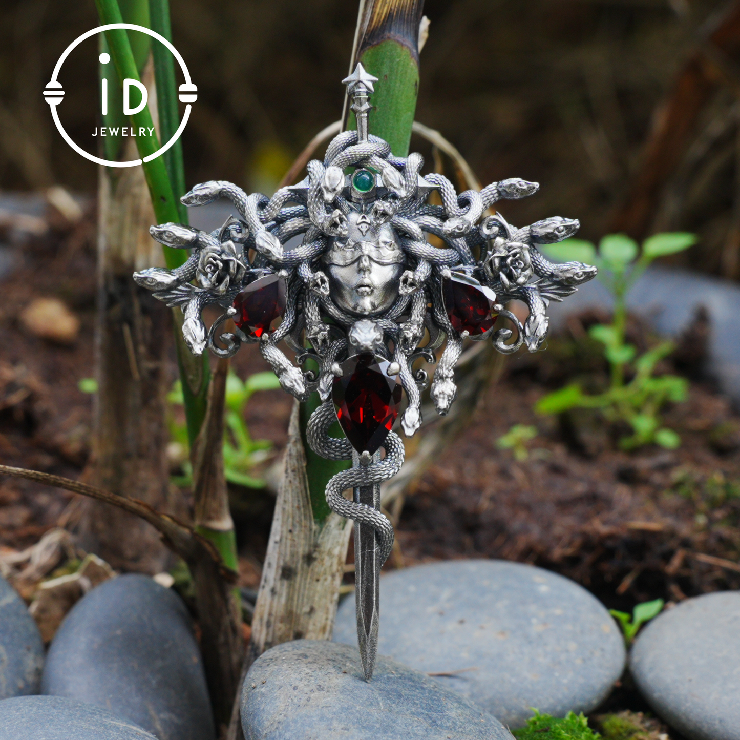 Handmade Gothic Pendant with Snake Head, Garnet & Green Chrysoprase, Oxidized 925 Silver, Vintage Style Gift for Her