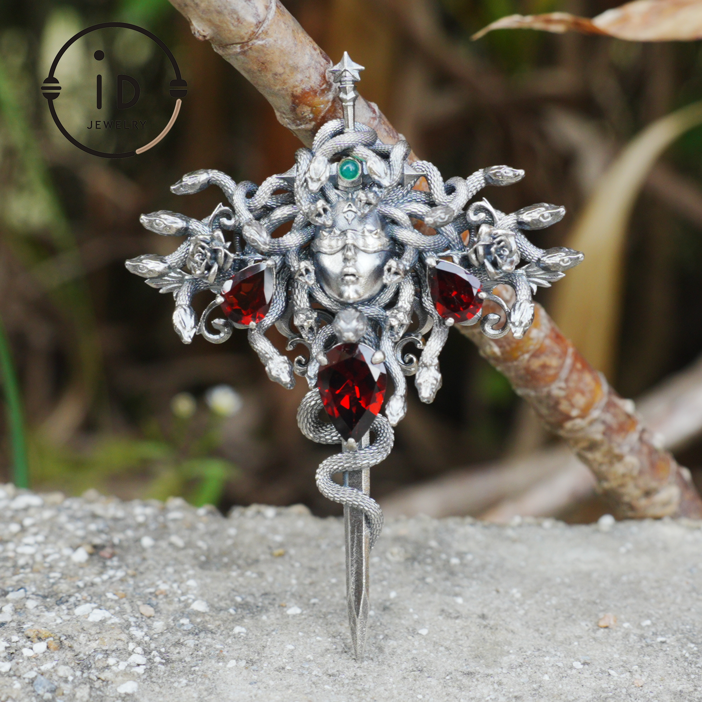 Handmade Gothic Pendant with Snake Head, Garnet & Green Chrysoprase, Oxidized 925 Silver, Vintage Style Gift for Her
