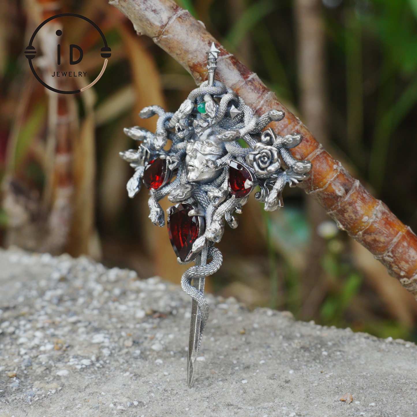 Handmade Gothic Pendant with Snake Head, Garnet & Green Chrysoprase, Oxidized 925 Silver, Vintage Style Gift for Her