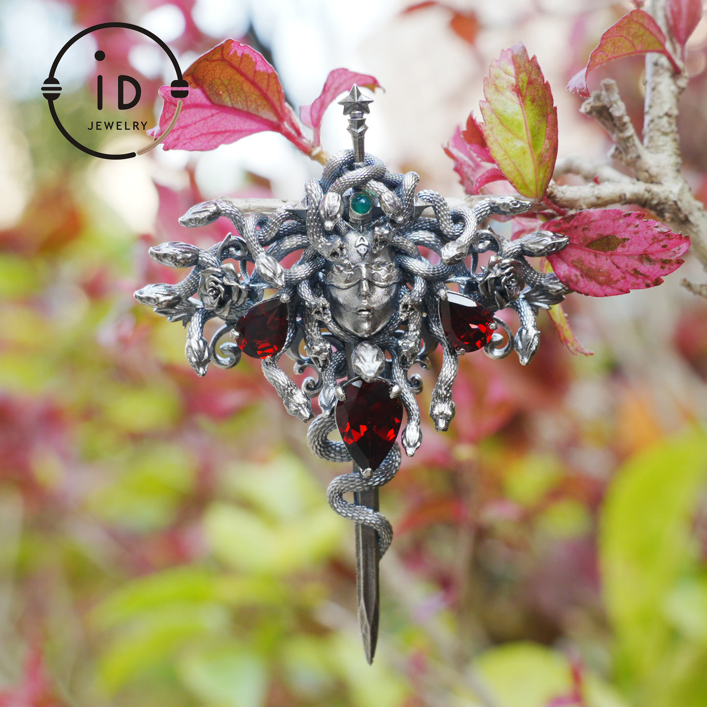 Handmade Gothic Pendant with Snake Head, Garnet & Green Chrysoprase, Oxidized 925 Silver, Vintage Style Gift for Her