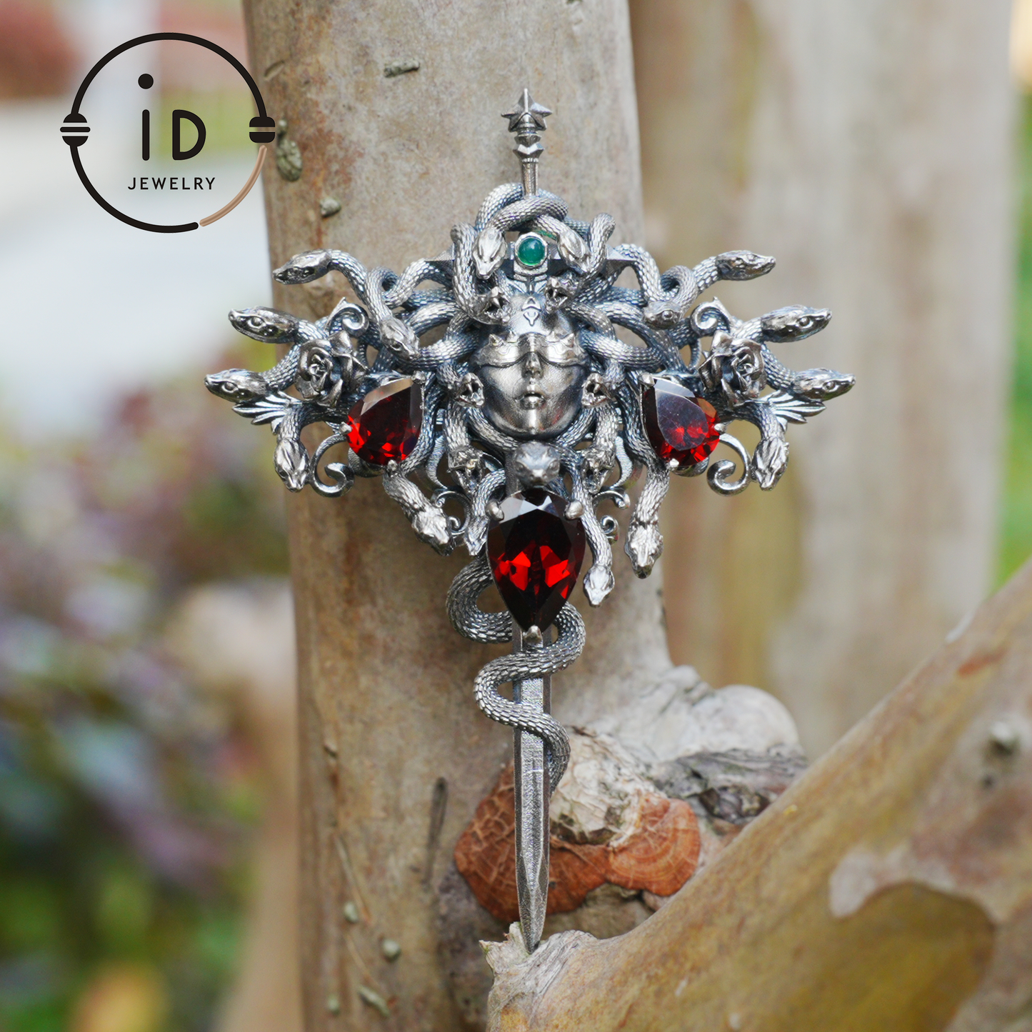 Handmade Gothic Pendant with Snake Head, Garnet & Green Chrysoprase, Oxidized 925 Silver, Vintage Style Gift for Her