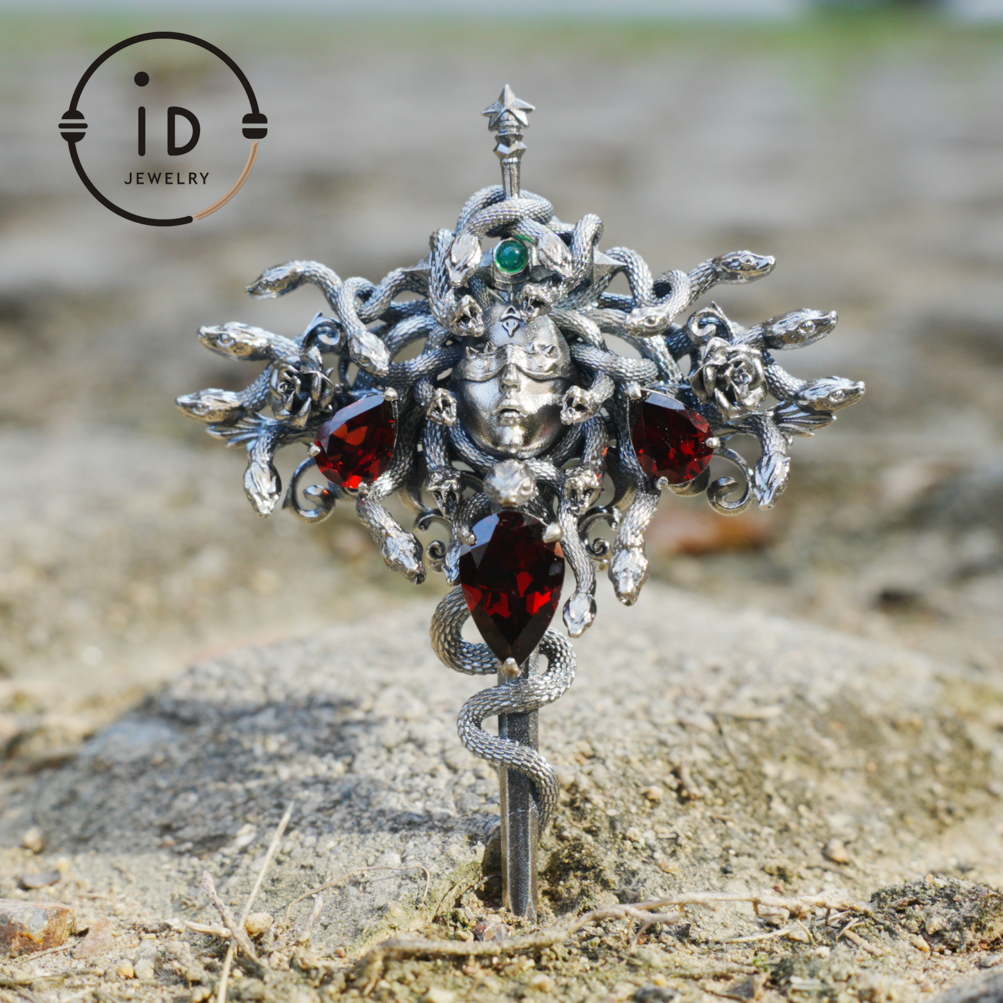 Handmade Gothic Pendant with Snake Head, Garnet & Green Chrysoprase, Oxidized 925 Silver, Vintage Style Gift for Her