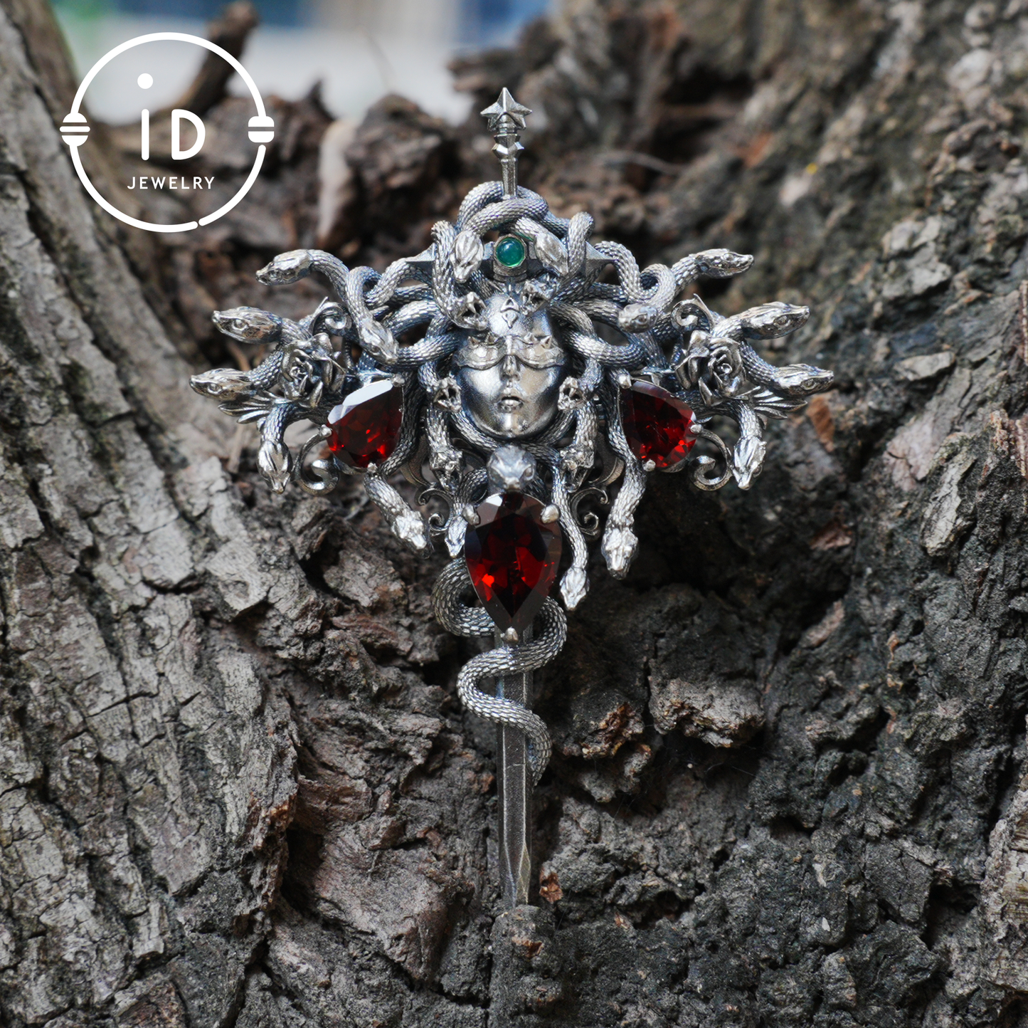 Handmade Gothic Pendant with Snake Head, Garnet & Green Chrysoprase, Oxidized 925 Silver, Vintage Style Gift for Her
