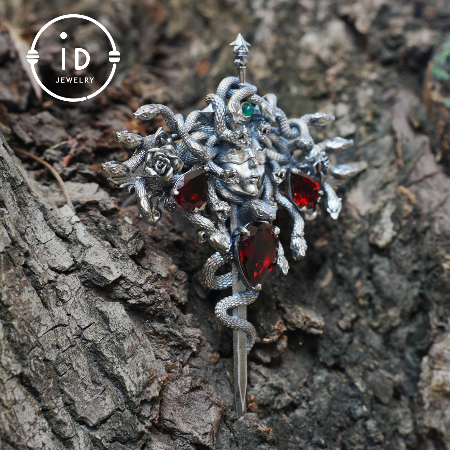 Handmade Gothic Pendant with Snake Head, Garnet & Green Chrysoprase, Oxidized 925 Silver, Vintage Style Gift for Her