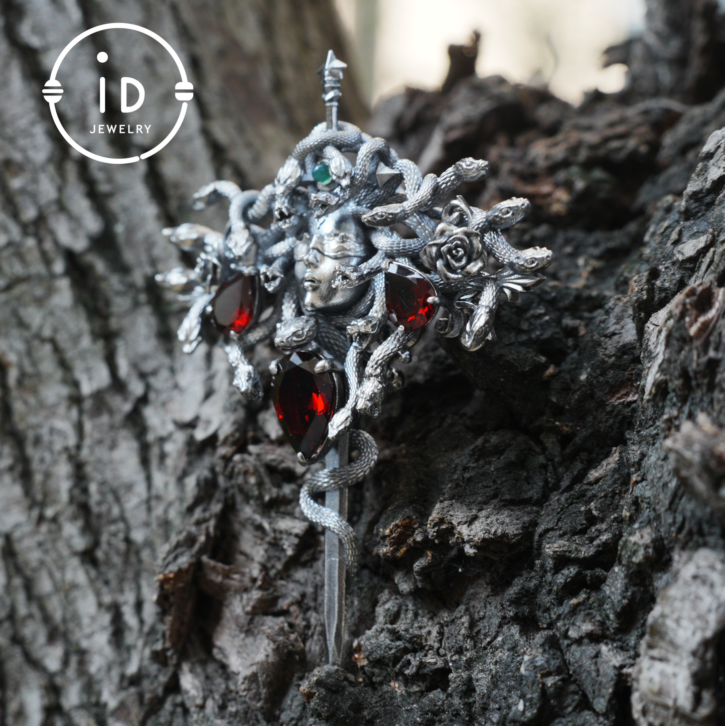 Handmade Gothic Pendant with Snake Head, Garnet & Green Chrysoprase, Oxidized 925 Silver, Vintage Style Gift for Her