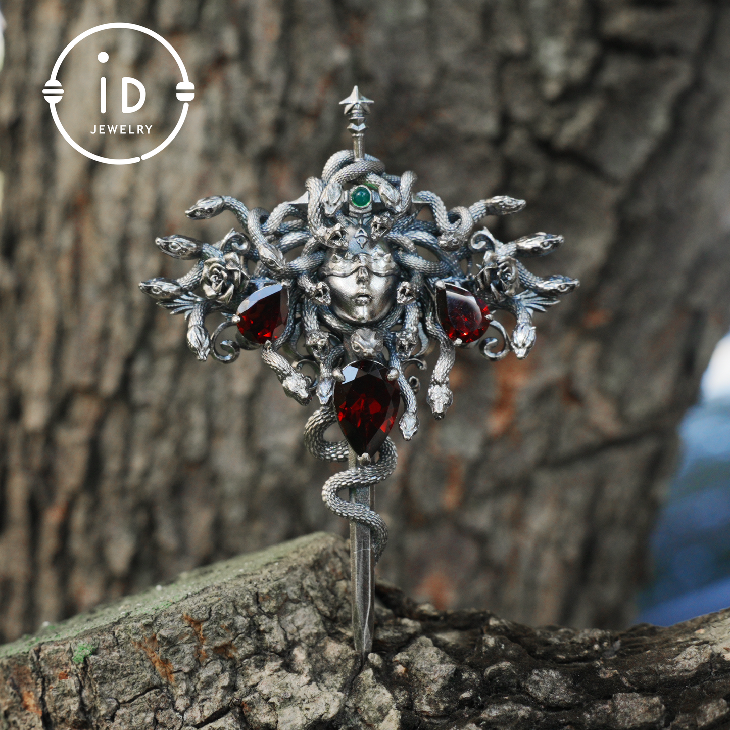 Handmade Gothic Pendant with Snake Head, Garnet & Green Chrysoprase, Oxidized 925 Silver, Vintage Style Gift for Her