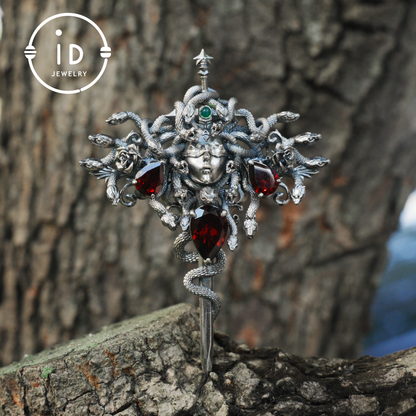 Handmade Gothic Pendant with Snake Head, Garnet & Green Chrysoprase, Oxidized 925 Silver, Vintage Style Gift for Her