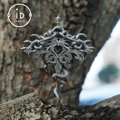 Handmade Gothic Pendant with Snake Head, Garnet & Green Chrysoprase, Oxidized 925 Silver, Vintage Style Gift for Her