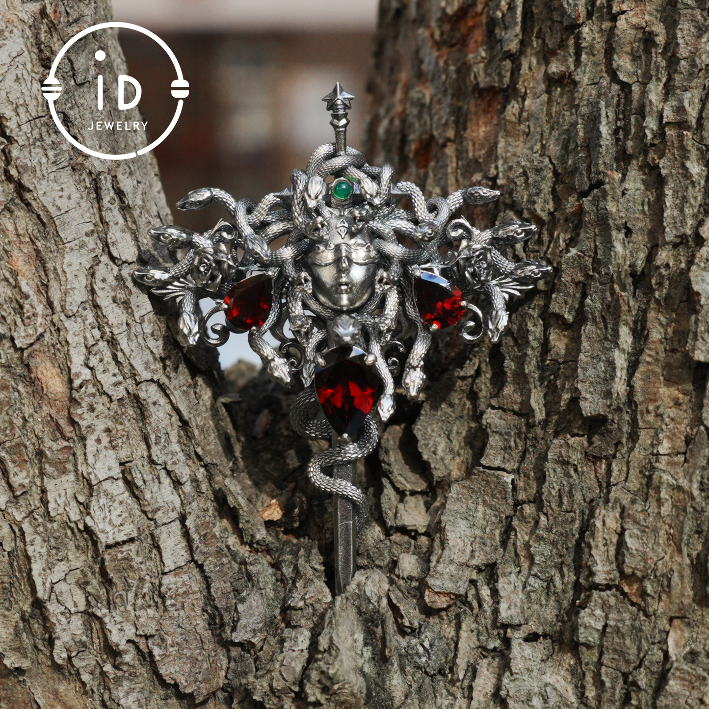 Handmade Gothic Pendant with Snake Head, Garnet & Green Chrysoprase, Oxidized 925 Silver, Vintage Style Gift for Her