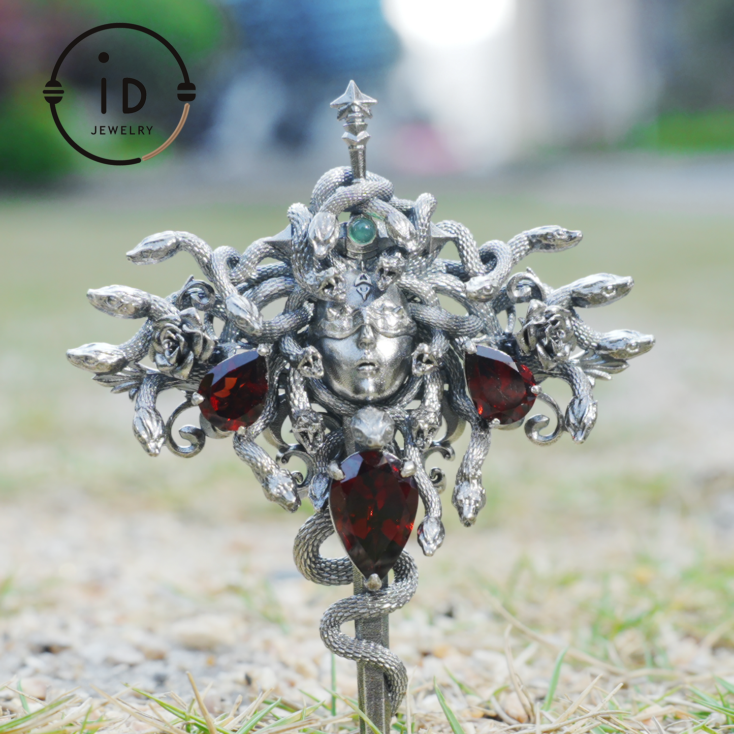 Handmade Gothic Pendant with Snake Head, Garnet & Green Chrysoprase, Oxidized 925 Silver, Vintage Style Gift for Her