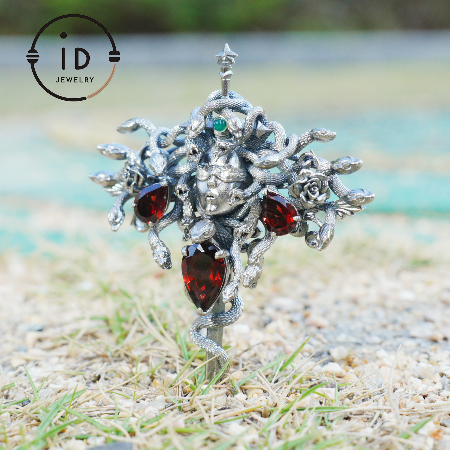 Handmade Gothic Pendant with Snake Head, Garnet & Green Chrysoprase, Oxidized 925 Silver, Vintage Style Gift for Her