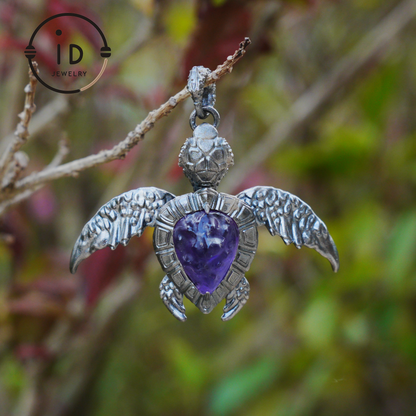 Aegis Schildkröte Halskette 925 Silber Amethyst Achat Anhänger Handgemacht Meeresschildkröte Schmuck Gothic Stil Geschenk für Sie Spirituelles Tier Talisman