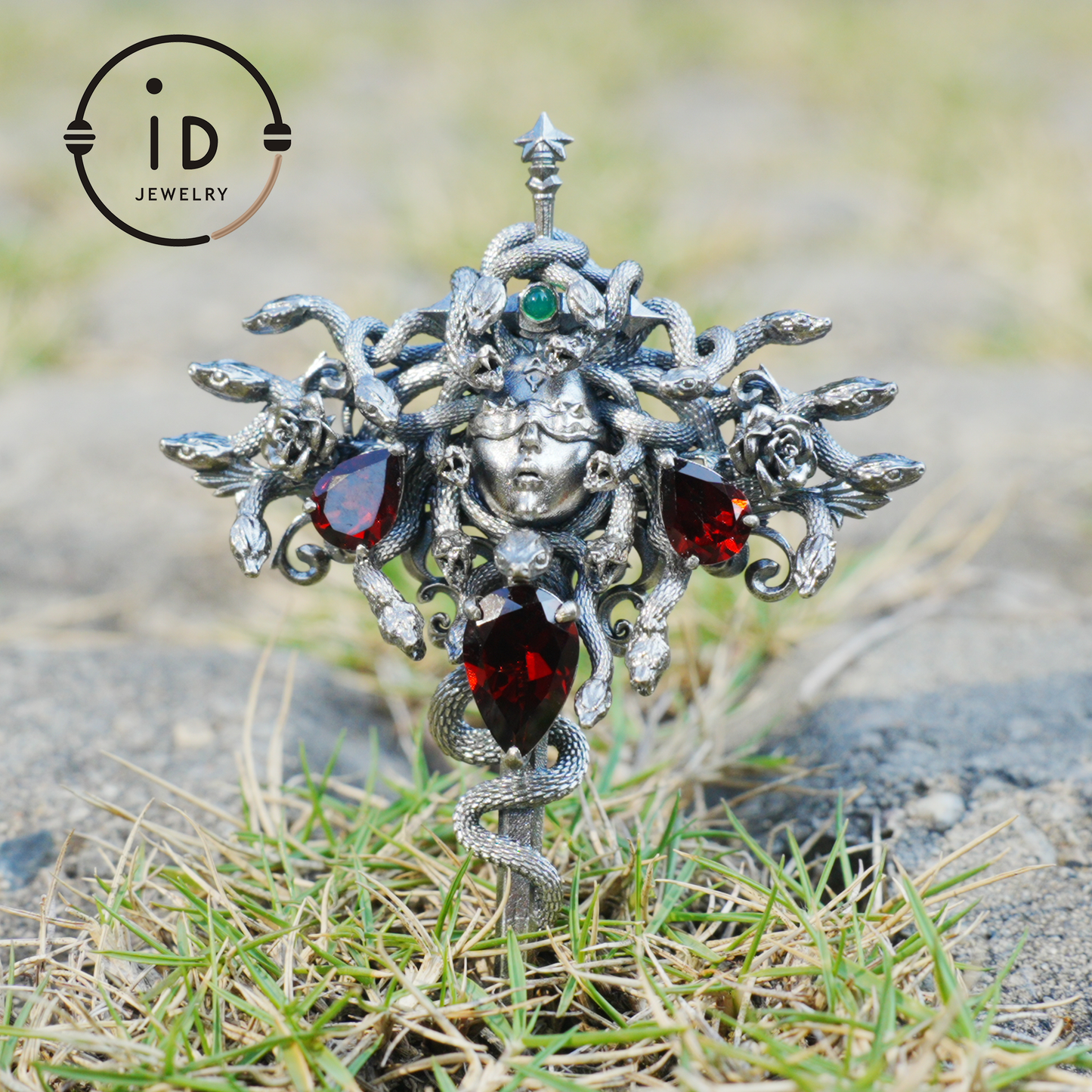 Handmade Gothic Pendant with Snake Head, Garnet & Green Chrysoprase, Oxidized 925 Silver, Vintage Style Gift for Her