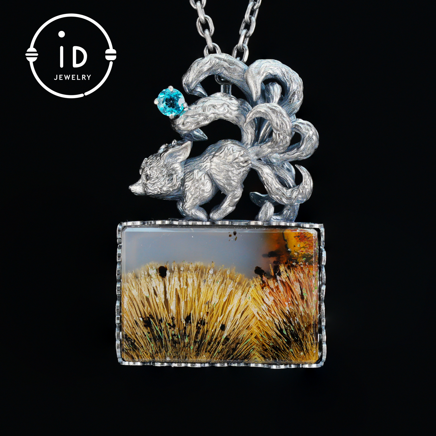 925 Silver Pendant with One-of-a-Kind Moss Agate, Oxidized Totem Animal Necklace, Nature Talisman Jewelry, Unique Gift for Her