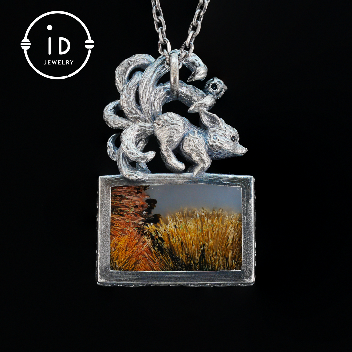 925 Silver Pendant with One-of-a-Kind Moss Agate, Oxidized Totem Animal Necklace, Nature Talisman Jewelry, Unique Gift for Her