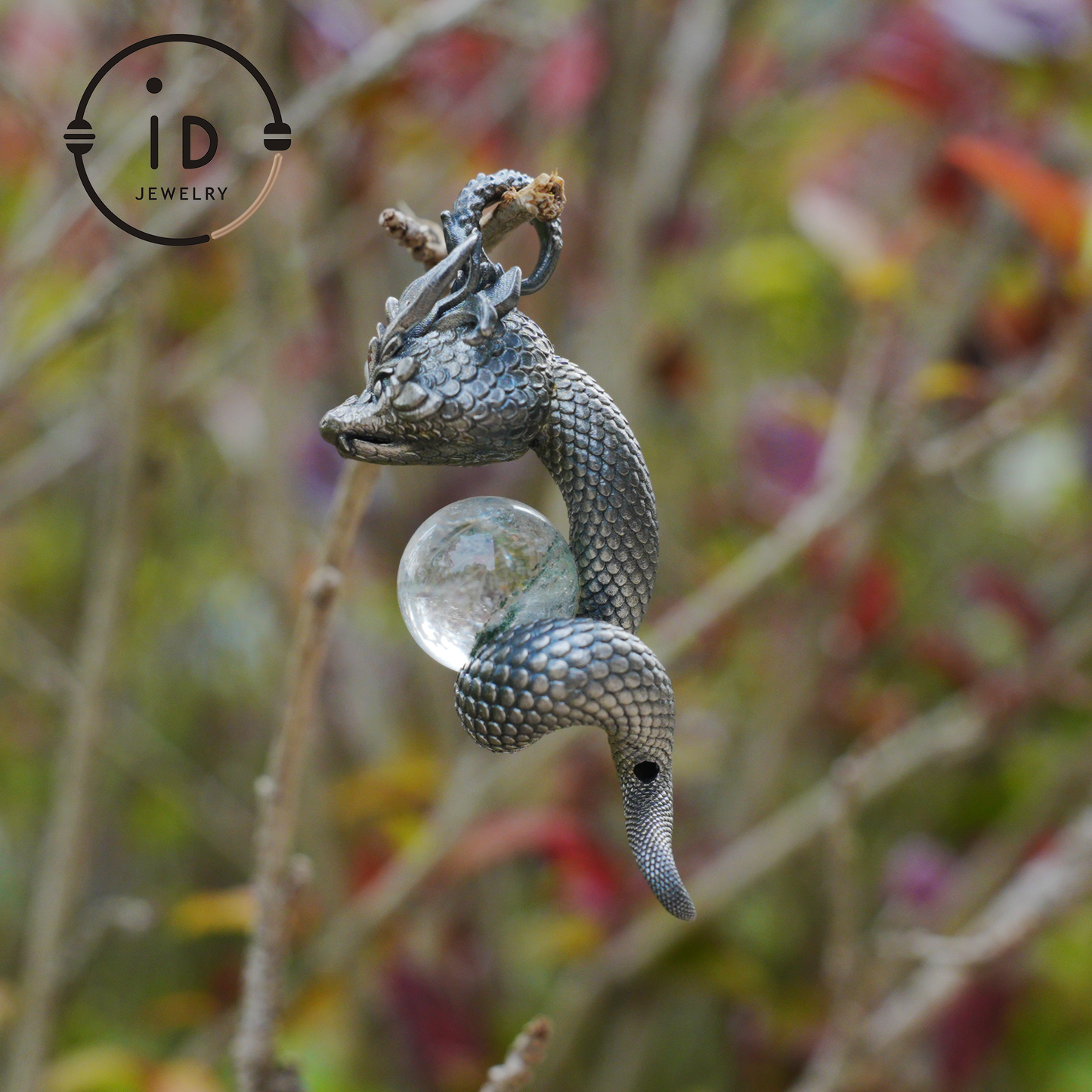 Phantom Quartz Pendant 925 Silver Dragon Totem Necklace Gothic Style Handmade Gift for Her Birthday Christmas Mini Sculpture Talisman