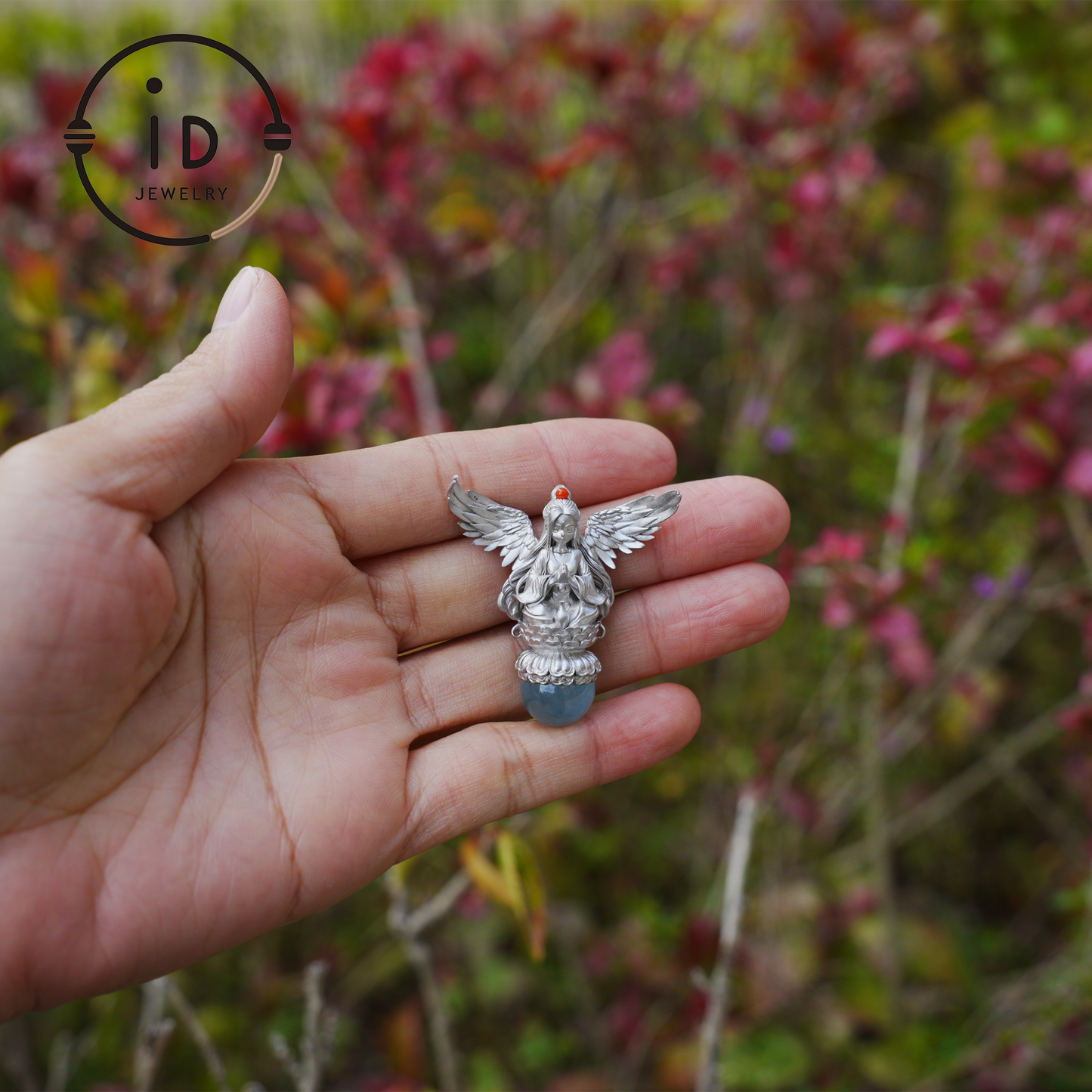 Silver pendant with figure wing design aquamarine amulet oxidized 925 jewelry gothic fairy style necklace gift for her spiritual vintage