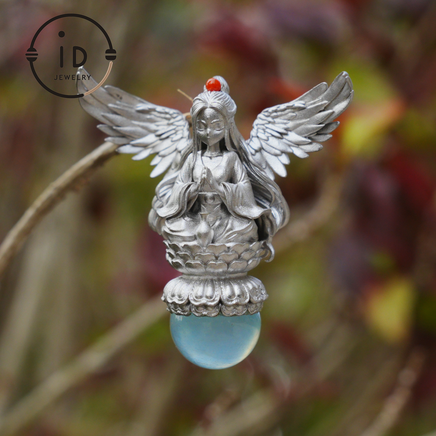 Silver pendant with figure wing design aquamarine amulet oxidized 925 jewelry gothic fairy style necklace gift for her spiritual vintage