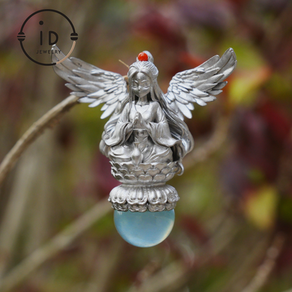 Silver pendant with figure wing design aquamarine amulet oxidized 925 jewelry gothic fairy style necklace gift for her spiritual vintage