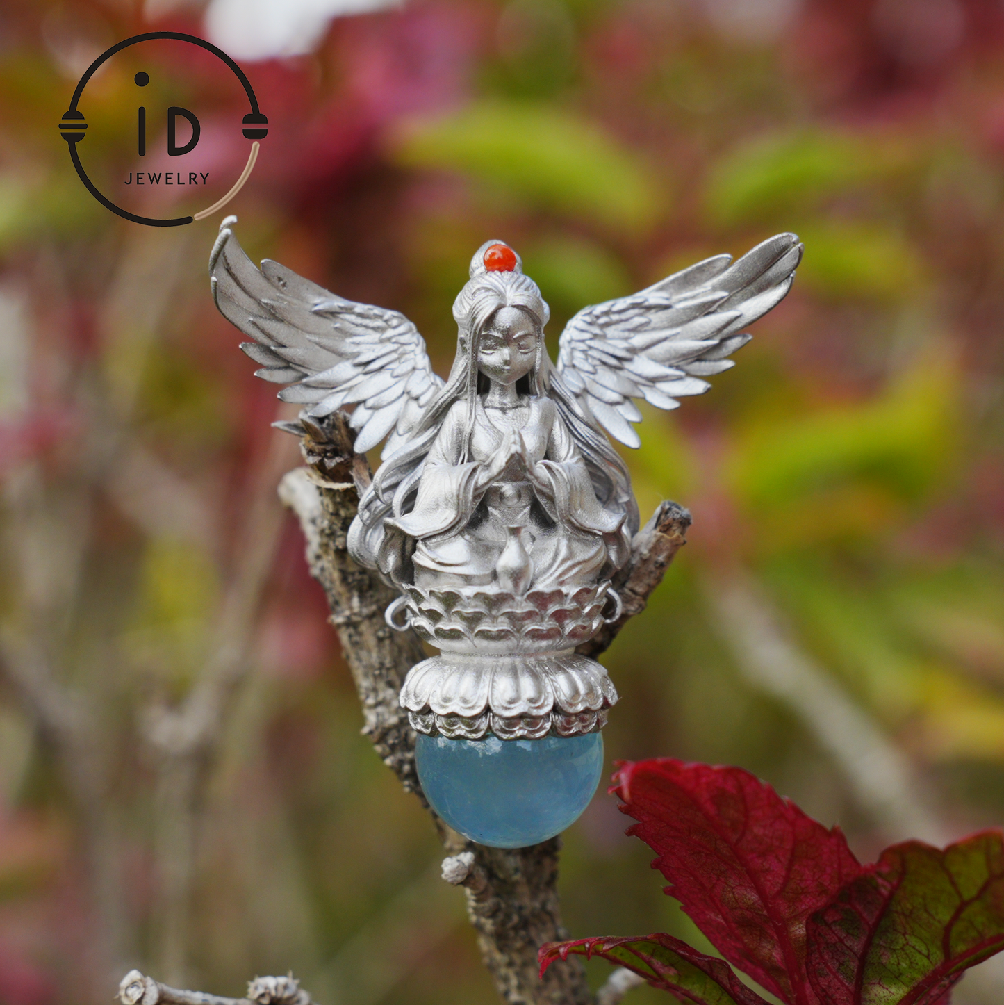 Silver pendant with figure wing design aquamarine amulet oxidized 925 jewelry gothic fairy style necklace gift for her spiritual vintage