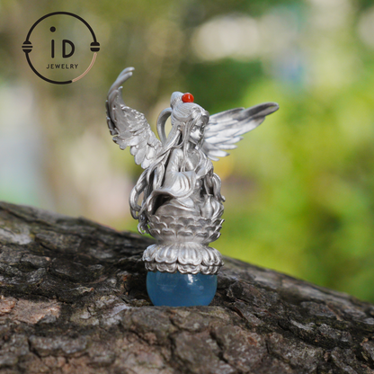 Silver pendant with figure wing design aquamarine amulet oxidized 925 jewelry gothic fairy style necklace gift for her spiritual vintage