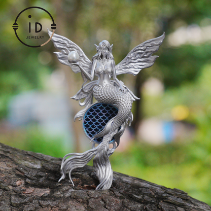 Silver Mermaid Pendant with Wings in 925 Sterling Silver with Pearl and Blue Goldstone, Gothic Vintage Style, Gift for Women