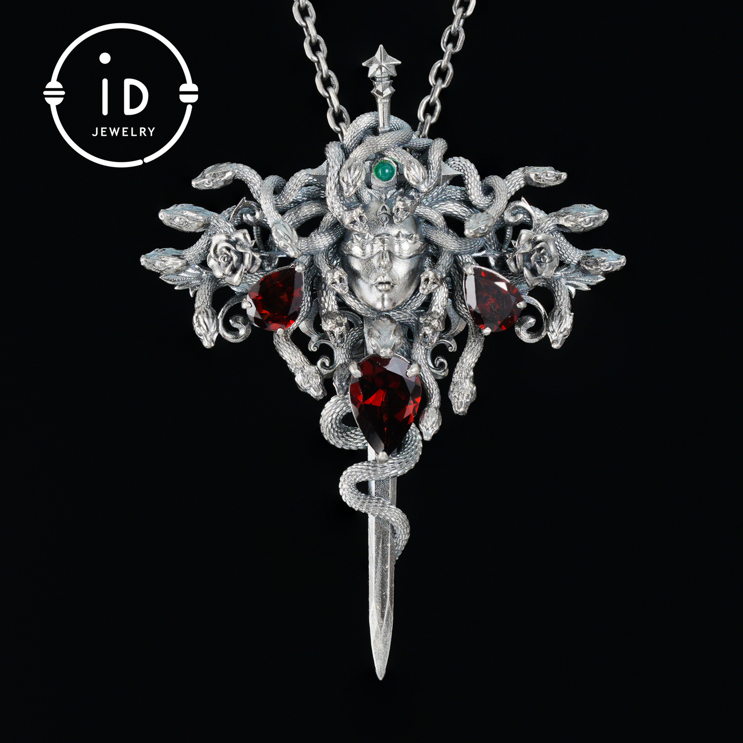 Handmade Gothic Pendant with Snake Head, Garnet & Green Chrysoprase, Oxidized 925 Silver, Vintage Style Gift for Her