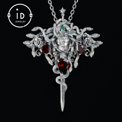 Handmade Gothic Pendant with Snake Head, Garnet & Green Chrysoprase, Oxidized 925 Silver, Vintage Style Gift for Her