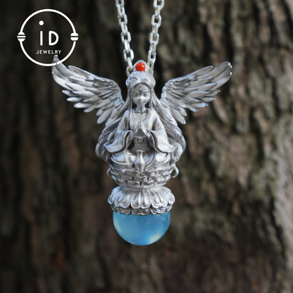 Silver pendant with figure wing design aquamarine amulet oxidized 925 jewelry gothic fairy style necklace gift for her spiritual vintage