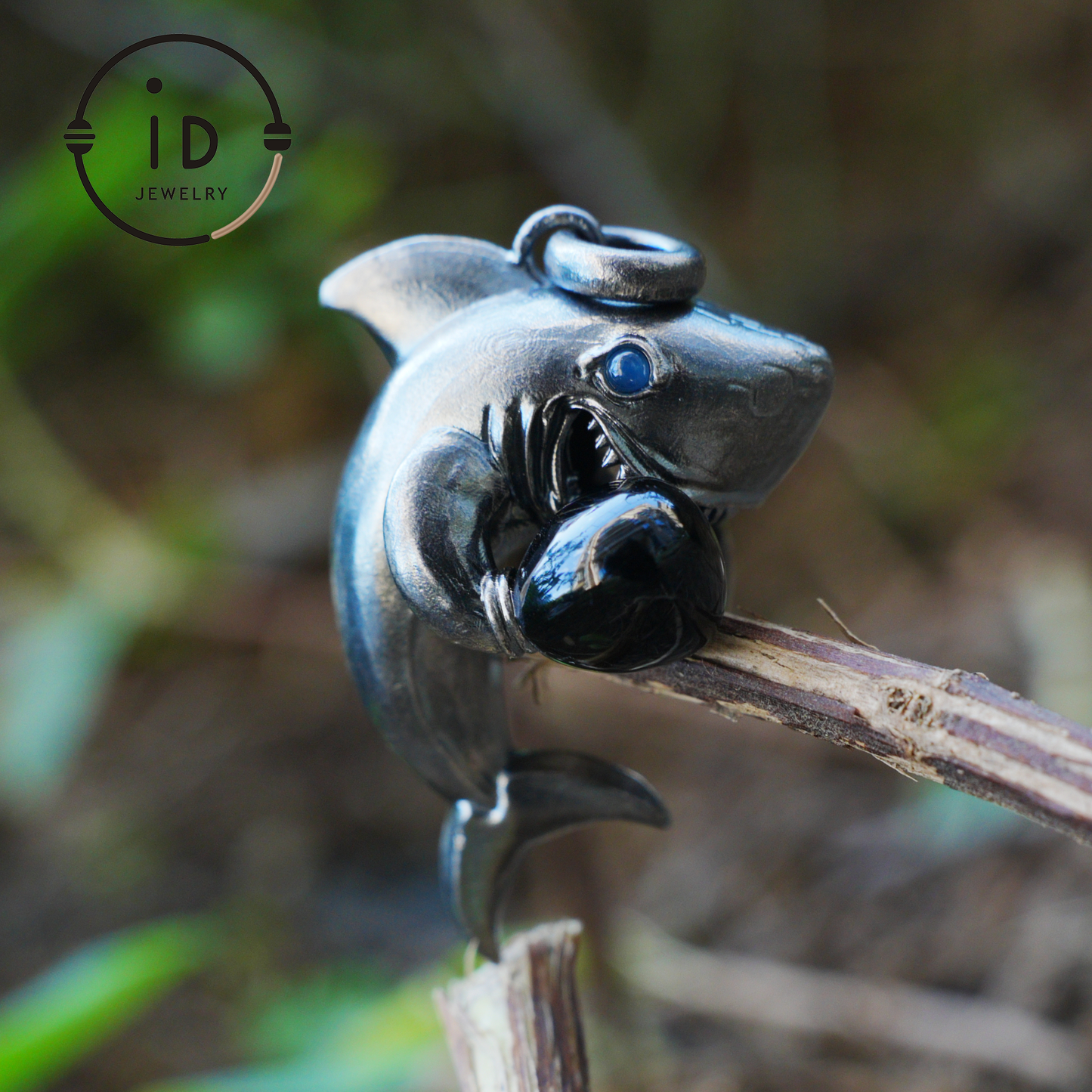 Shark Pendant in Oxidized 925 Sterling Silver with Blue Agate Gem · Ocean Totem Jewelry Gift for Men and Sea Lovers