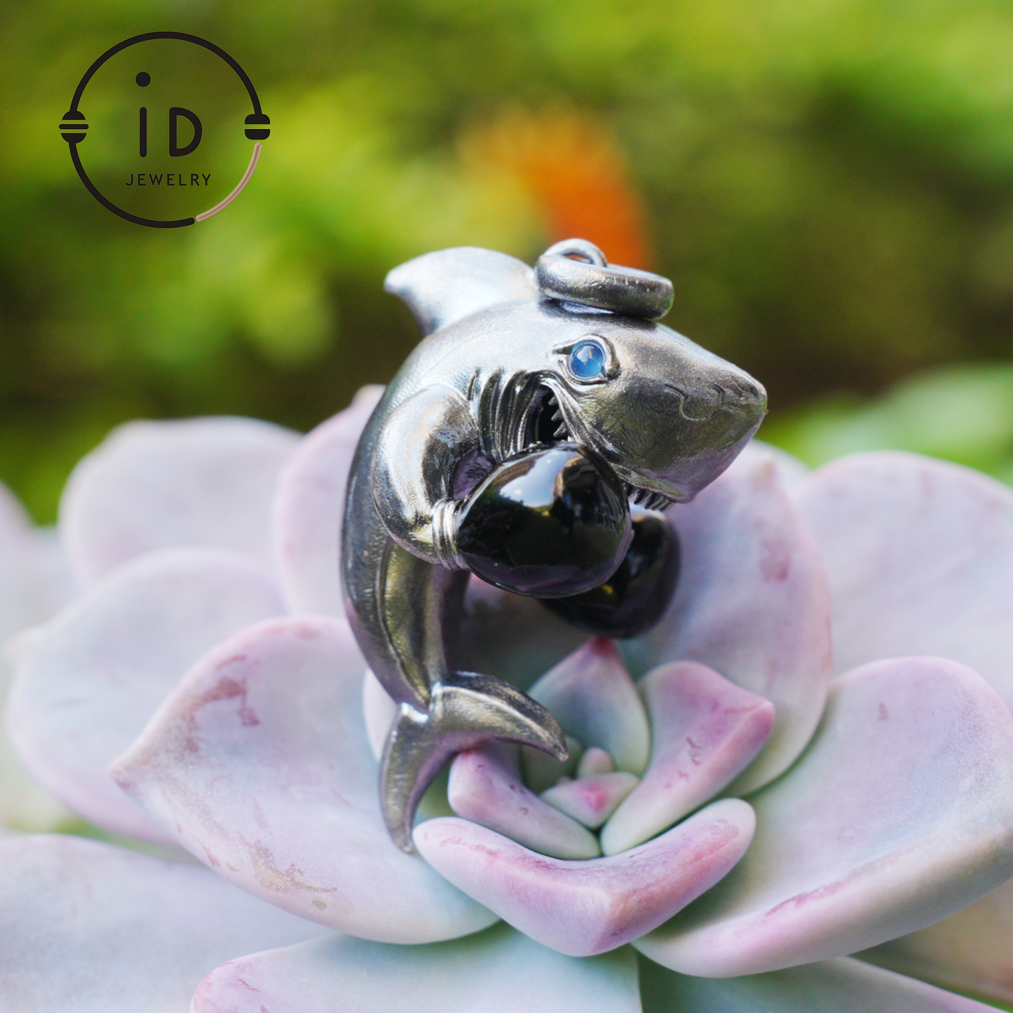 Shark Pendant in Oxidized 925 Sterling Silver with Blue Agate Gem · Ocean Totem Jewelry Gift for Men and Sea Lovers