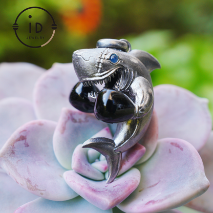 Shark Pendant in Oxidized 925 Sterling Silver with Blue Agate Gem · Ocean Totem Jewelry Gift for Men and Sea Lovers