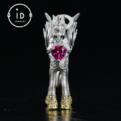 925 Silver Pendant with Unicorn, with Red Synthetic Ruby, Gothic Fantasy Jewelry, Oxidized Silver, Talisman Pendant for Self-Reflection