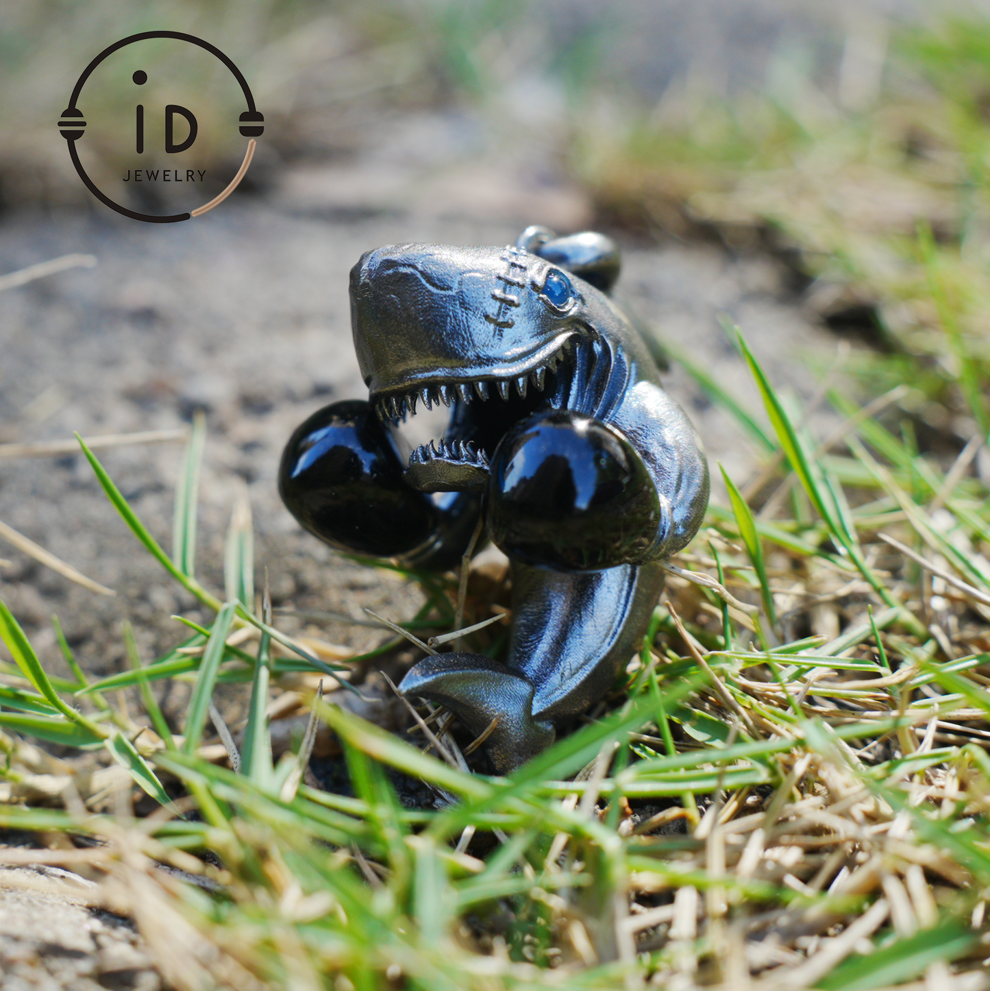 Shark Pendant in Oxidized 925 Sterling Silver with Blue Agate Gem · Ocean Totem Jewelry Gift for Men and Sea Lovers