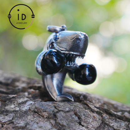 Shark Pendant in Oxidized 925 Sterling Silver with Blue Agate Gem · Ocean Totem Jewelry Gift for Men and Sea Lovers