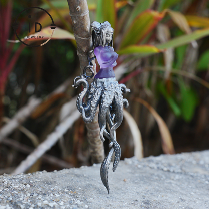 Large Amethyst Pendant in Oxidized 925 Silver with Tentacle Figure · Gothic Fantasy Style Necklace · Unique Halloween Jewelry Gift for Her