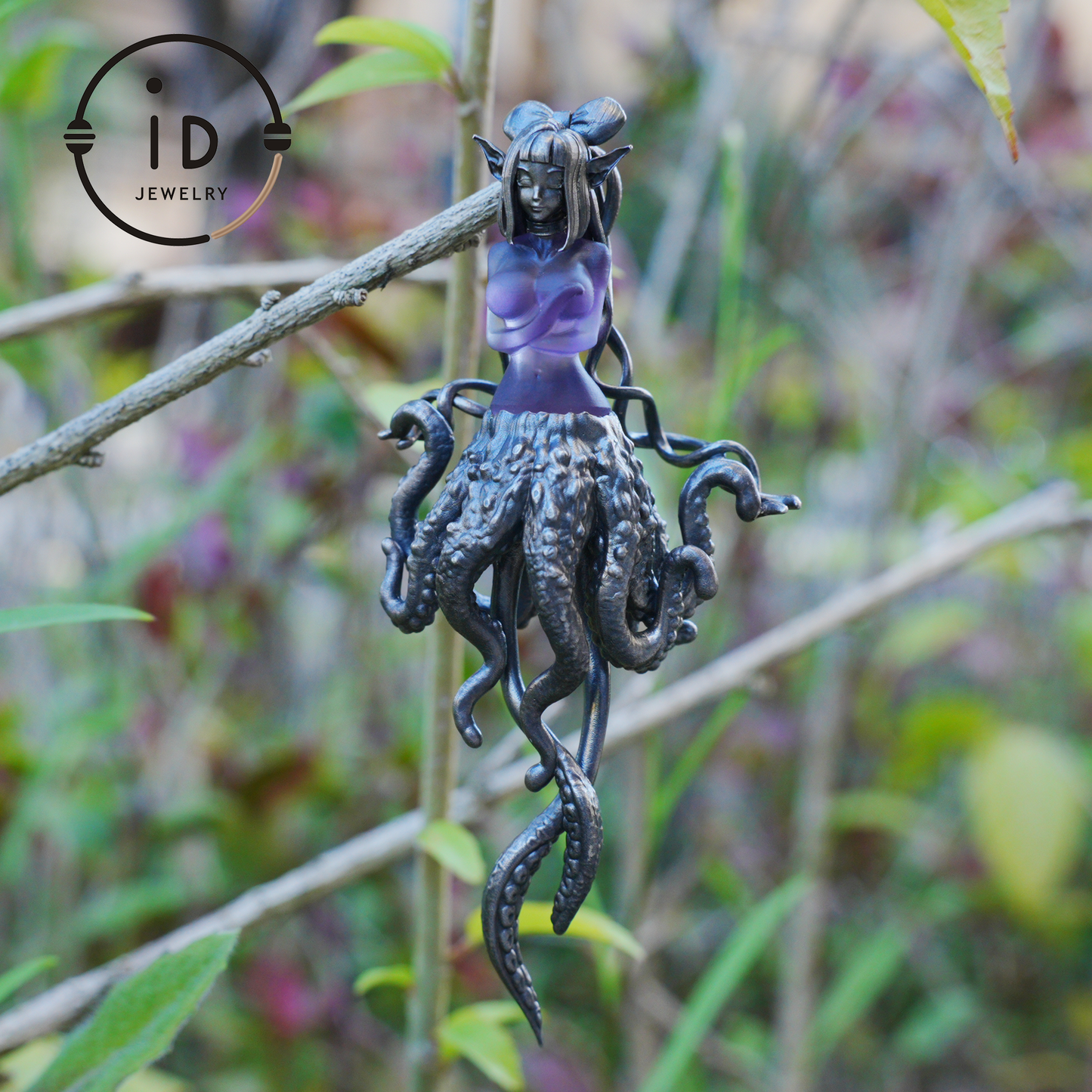 Large Amethyst Pendant in Oxidized 925 Silver with Tentacle Figure · Gothic Fantasy Style Necklace · Unique Halloween Jewelry Gift for Her