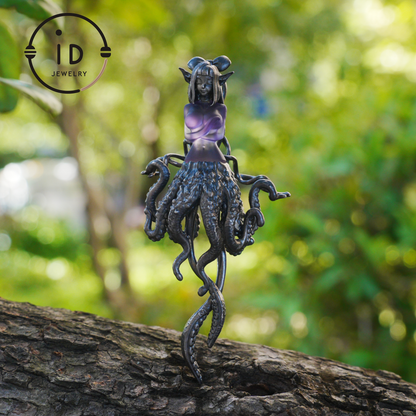 Large Amethyst Pendant in Oxidized 925 Silver with Tentacle Figure · Gothic Fantasy Style Necklace · Unique Halloween Jewelry Gift for Her