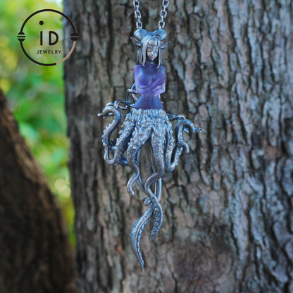 Large Amethyst Pendant in Oxidized 925 Silver with Tentacle Figure · Gothic Fantasy Style Necklace · Unique Halloween Jewelry Gift for Her