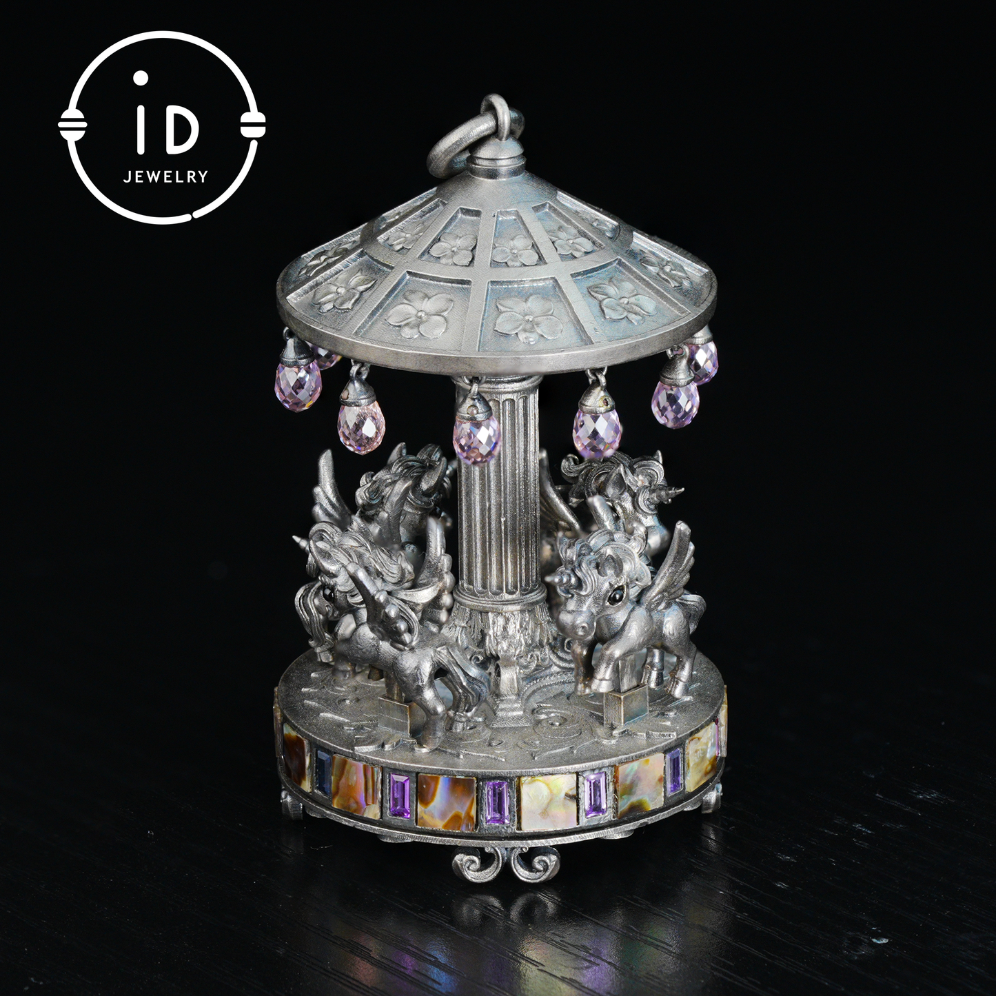 Unique Carousel Figurine in 925 Silver, with Abalone & Pink Crystal, Oxidized, Fairytale Decor, Handmade, Collectible Gift Idea
