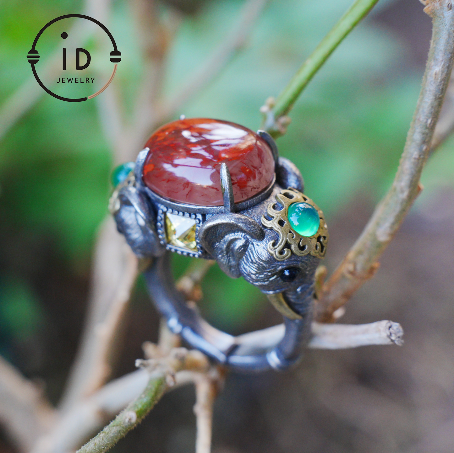 Adjustable Elephant Ring in 925 Sterling Silver with Red Agate and Green Stones, Totem Style Animal Symbol Jewelry, Spiritual Gift for Her