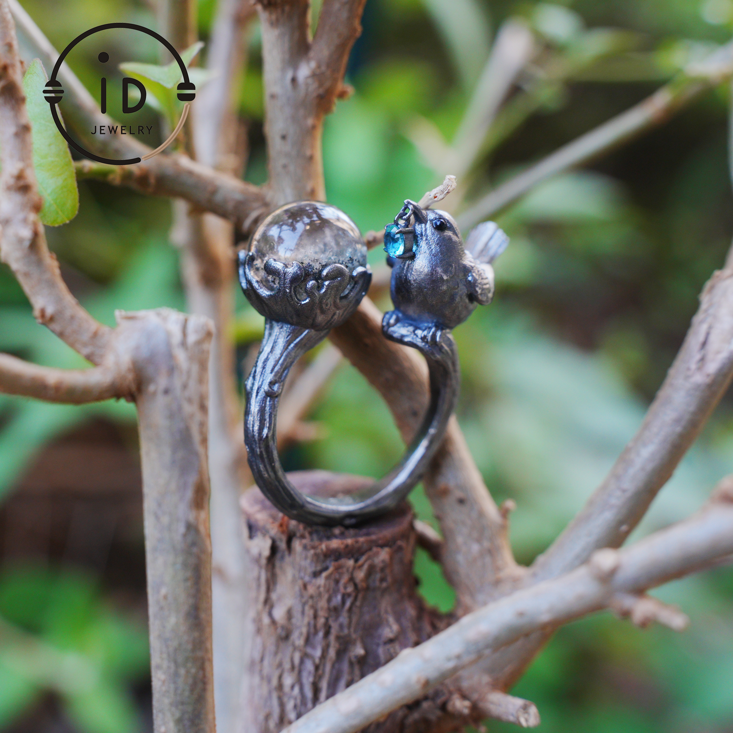 Adjustable 925 Silver Bird Ring with Crystal Sphere and Green Bead in Fairy Nature Style, Meaningful Gift for Nature Lovers