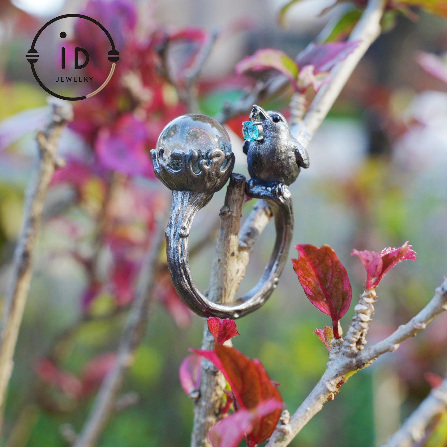 Adjustable 925 Silver Bird Ring with Crystal Sphere and Green Bead in Fairy Nature Style, Meaningful Gift for Nature Lovers