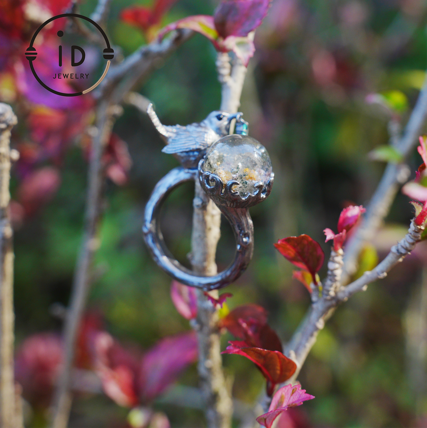 Adjustable 925 Silver Bird Ring with Crystal Sphere and Green Bead in Fairy Nature Style, Meaningful Gift for Nature Lovers