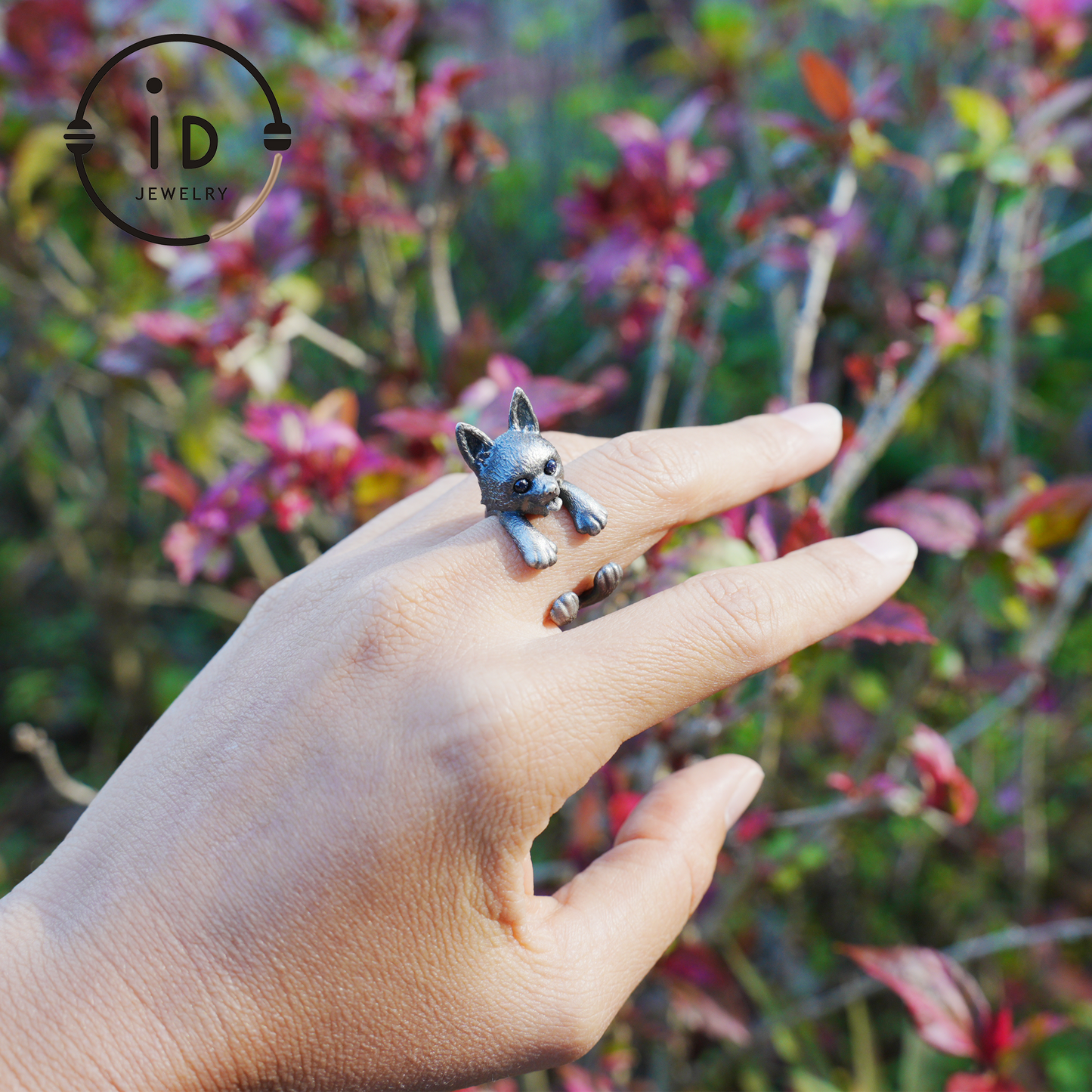 Adjustable dog ring in 925 silver with onyx, oxidized gothic style, animal totem jewelry gift for her or dog lovers